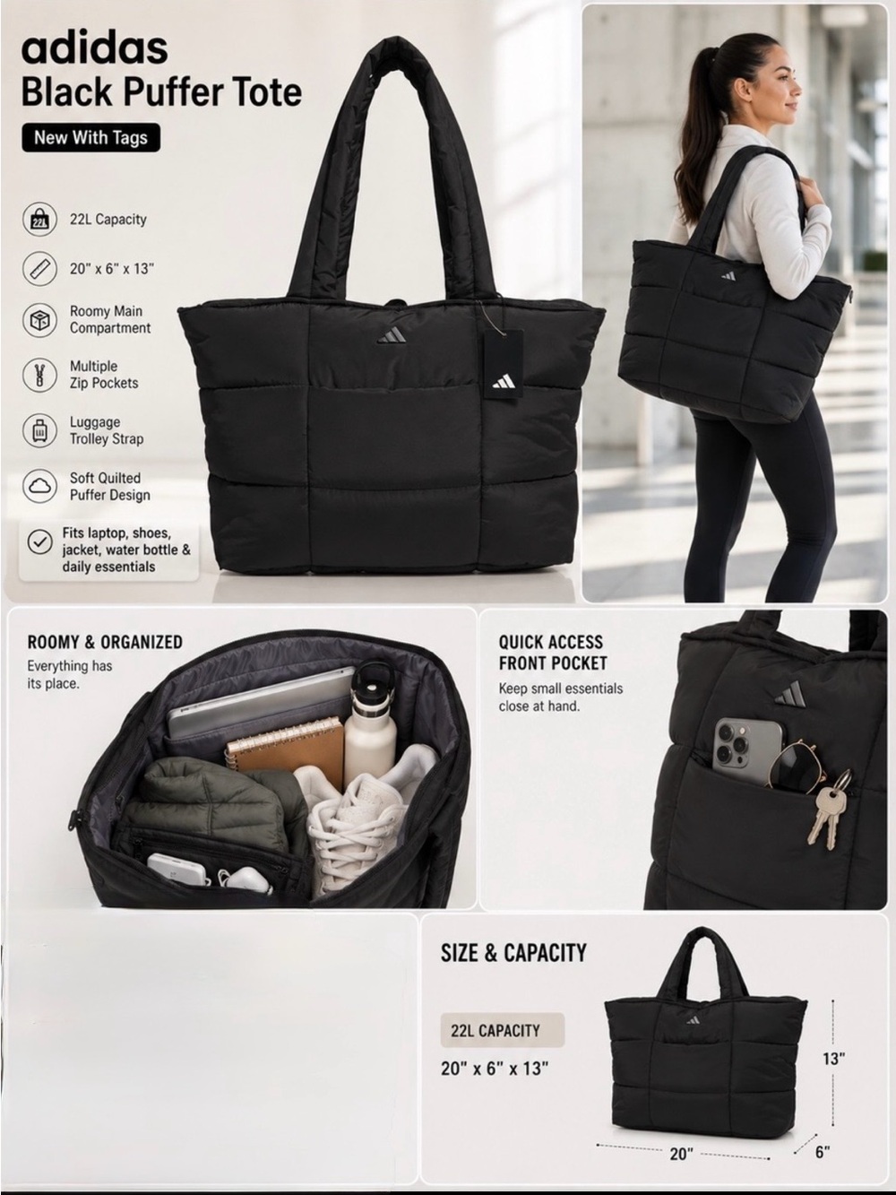 NWT adidas Black Quilted Puffer Tote Bag